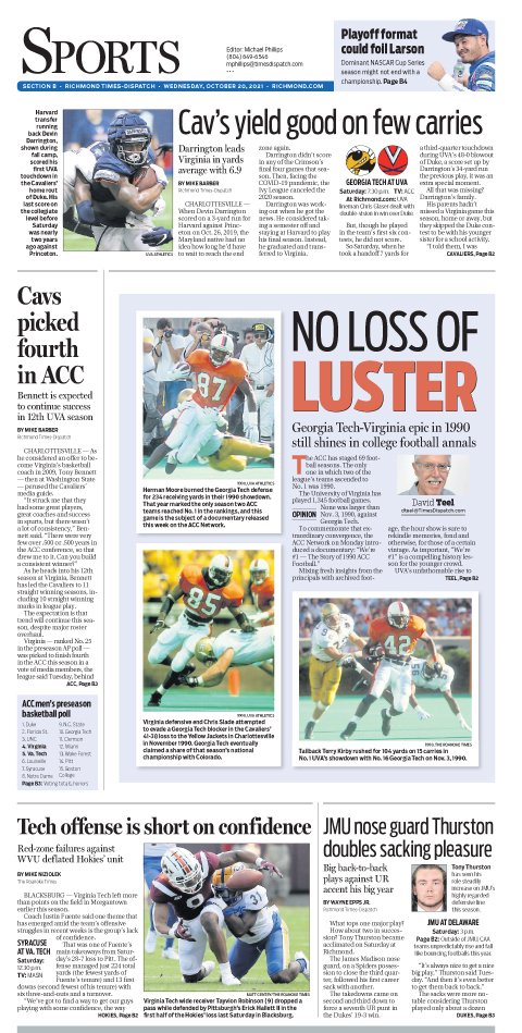cwilinric's tweet image. Oct. 20 @RTDSports featuring @accnetwork documentary on 1990 #UVAFootball #GeorgiaTechFB season, plus #UVAFootball #HokiesFB #accmbb @JMUFootball @CAAFootball @804Varsity and the weekly #NASCARReport Read now and subscribe: Richmond.com/sports