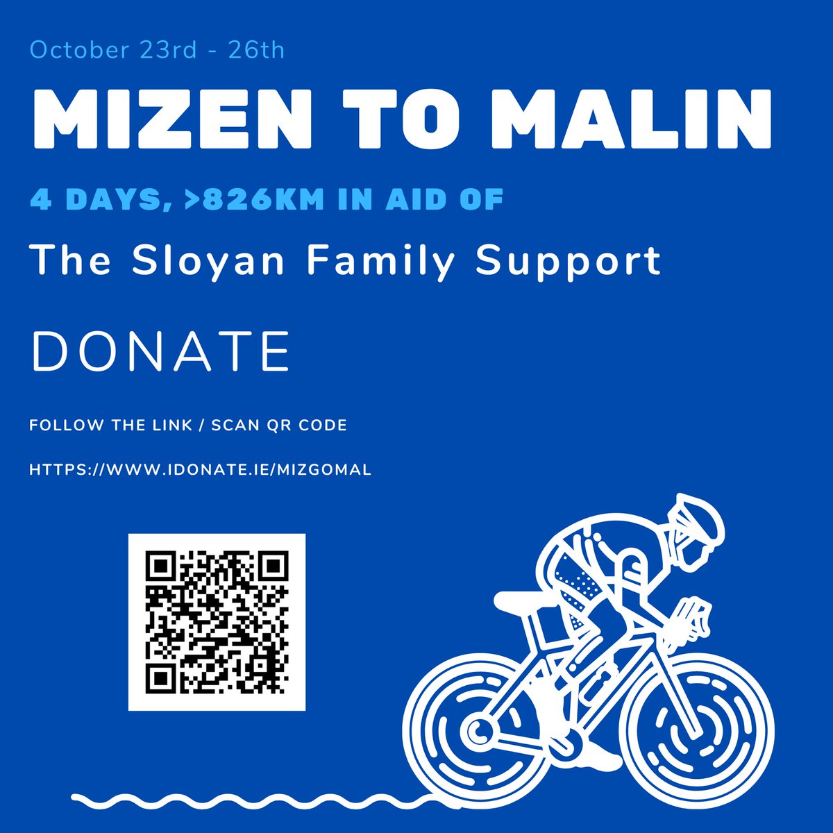 Completing a bucket list cycle next week and raising some funds in the process. 

Scan QR code/follow link to donate:

idonate.ie/MizGoMal

Thank you for your support!