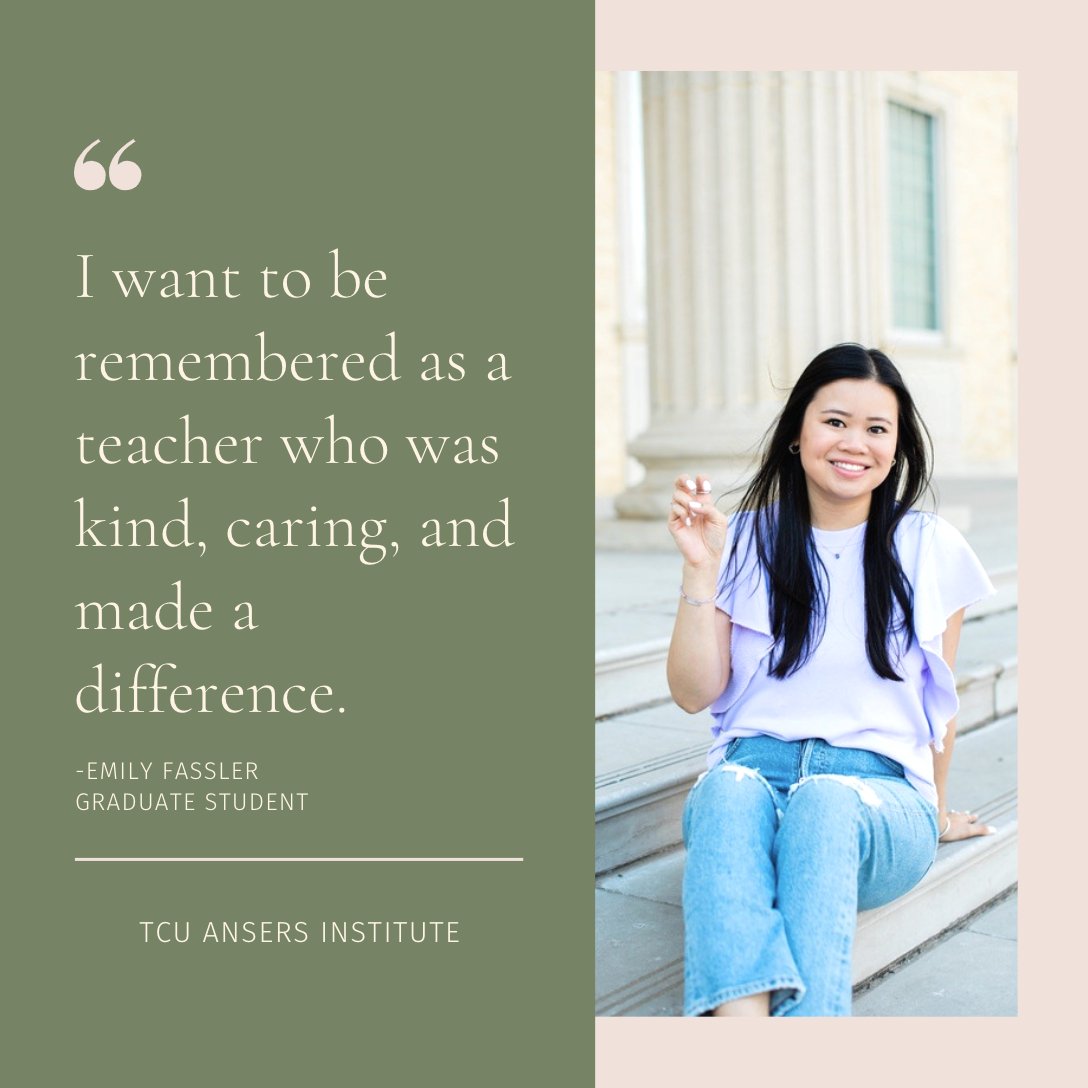 ANSERSTCU's tweet photo. Meet Emily Fassler, a graduate student in the TCU Accelerated Master's Special Education program. Emily shared that if she could have a teaching superpower, she would want to instantly know what intervention a student needs and what would benefit them the most! https://t.co/He1CpX3ABz