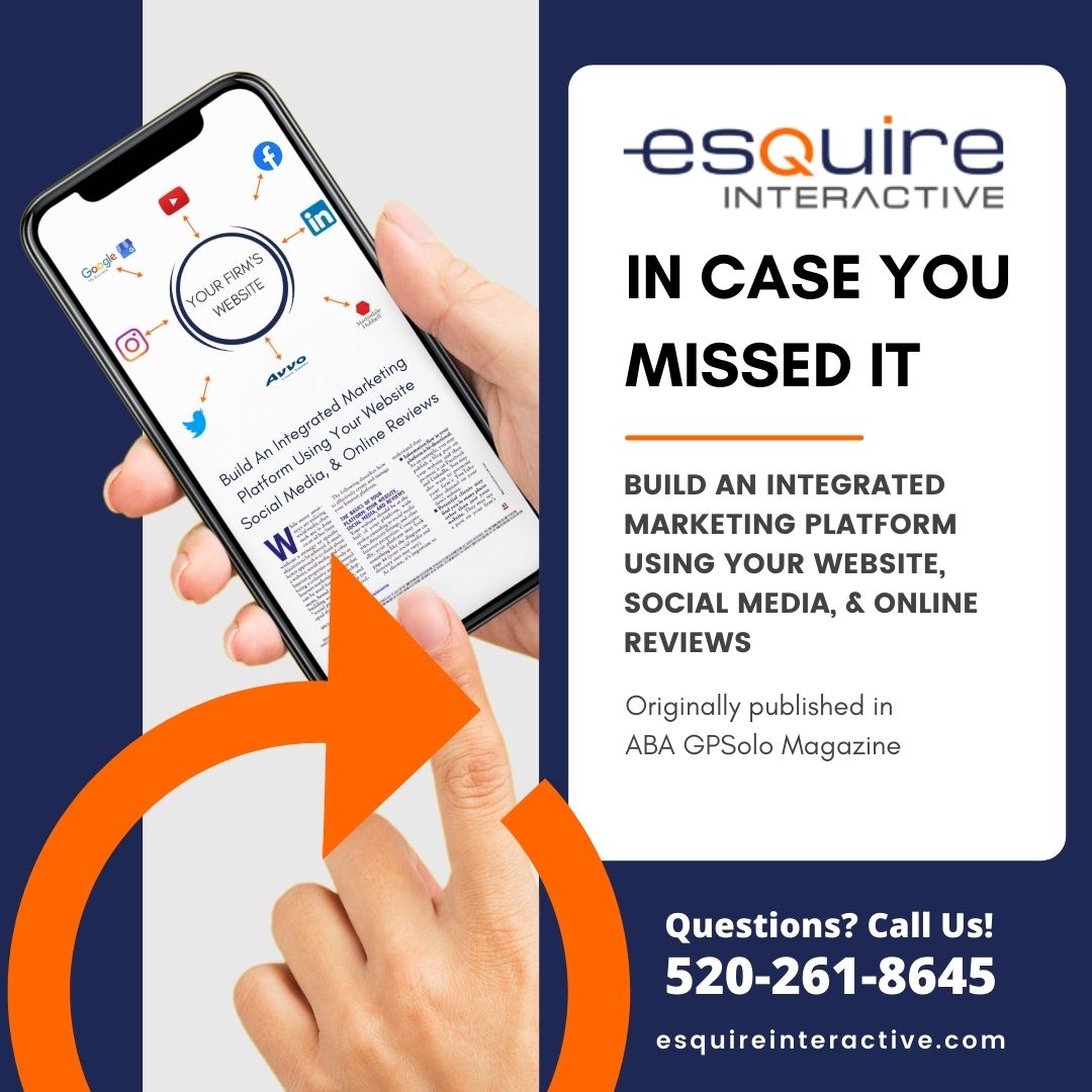 JeffLantzEsq's tweet photo. In case you missed it: The #ABA published in this month’s GPSolo Magazine an article entitled “Build an Integrated Marketing Platform Using Your Website, Social Media, and Online Reviews” written by Esquire Interactive CEO Jeff Lantz. https://t.co/j2W7UCbOMH  
#Marketing https://t.co/0UBiM84qsd