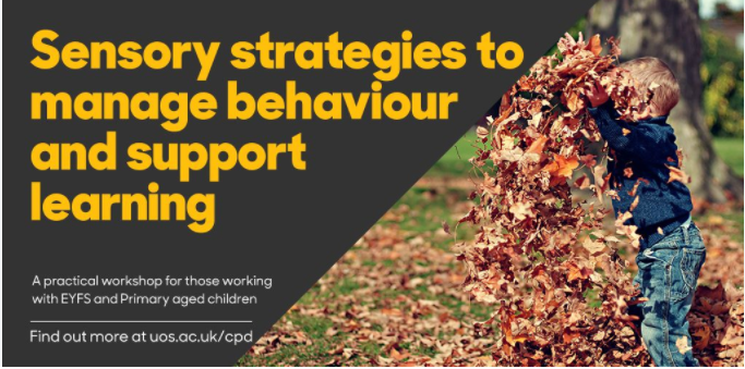 In November, our Senior Lecturer in Childhood Studies will be running a 3-hour workshop entitled 'Sensory Strategies to Manage Behaviour and Support Learning'. Attendees will gain an understanding of the link between unmet sensory processing needs and challenging behaviour 1/