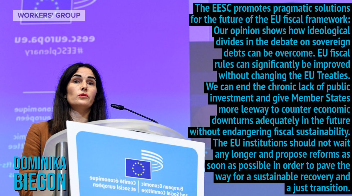 WorkersEESC's tweet photo. "We can end the chronic lack of public investment and give Member States more leeway to counter economic downturns adequately in the future without endangering fiscal #sustainability."
says Dominika Biegon at the #EESCPlenary on #EUFiscalFramework. https://t.co/4p6CWtxAZz