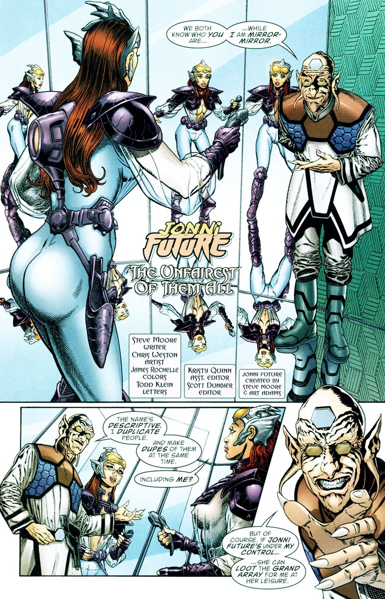 girl_clones's tweet photo. Jonni Future (America’s Best Comics) faces a super villain (Mirror Mirror) who makes a duplicate of her in “The Unfairest of Them All” – Tom Strong’s Terrific Tales #12. 
#catfight
#mirrormatch
#sendintheclone
#twoofher https://t.co/gQUfMakEp3