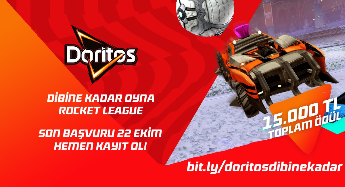 Doritos Dibine Kadar Oyna 3v3 Rocket League Turnuvası'nda başvuruların kapanmasına son 2 gün!📢

Kendini göstermek ve ödüle ulaşmak istiyorsan bir an önce kayıt ol, turnuvada yerini al! 🙌

👉bit.ly/doritosdibinek…

#DibineKadarOyna #DibineKadarKazan