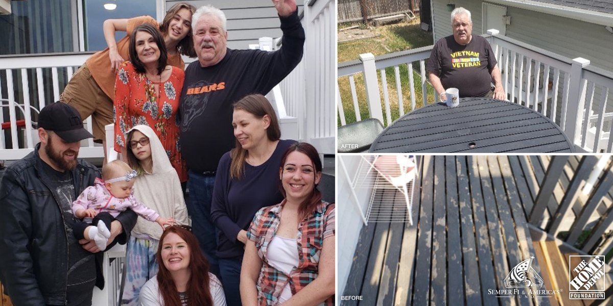 The Home Depot Foundation (@homedepotfound) on Twitter photo Since serving in Vietnam and sustaining shrapnel injuries, Navy veteran Michael has undergone knee + foot surgeries that make him more prone to falling. With <a href="/SemperFiFund/">Semper Fi & America's Fund</a>, Michael's unsafe deck was rebuilt, allowing him to safely and comfortably utilize this outdoor space. Since serving in Vietnam and sustaining shrapnel injuries, Navy veteran Michael has undergone knee + foot surgeries that make him more prone to falling. With <a href="/SemperFiFund/">Semper Fi & America's Fund</a>, Michael's unsafe deck was rebuilt, allowing him to safely and comfortably utilize this outdoor space.