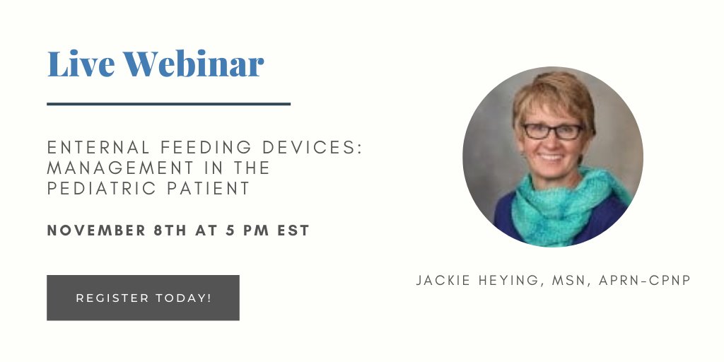APSNAnurse's tweet photo. Join us November 8th for our next webinar with Jackie Heying, MSN, APRN-CPNP! This course was developed for #nurses who have an interest in advancing their knowledge of the care of #pediatric patients with enteral feeding devices. Register today at: https://t.co/ZdyZD00AuG https://t.co/UOiXWYquCH