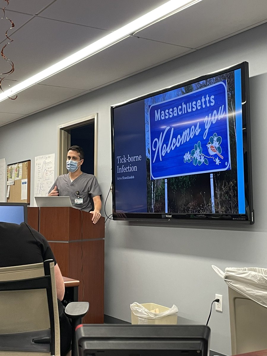 FAUmedIM's tweet photo. Our incredible Massachusetts-born-and-raised PGY2 Dr Sharifzadeh presenting a cool case of Lyme disease seen in Florida (after travel to Mass!) 🎯 #asktherightquestions #travelhistory #IDtwitter #medtwitter #meded #internalmedicine #GME #noonreport https://t.co/5Ib5kO85ML