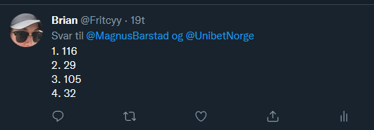 Fritcyy's tweet photo. @MagnusBarstad 8 poeng :)

1. +2
2. +5
3. +1
4. +0 https://t.co/JxbMrTaKjC