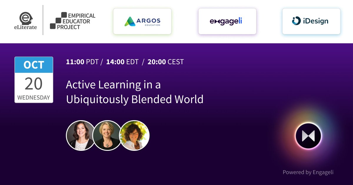 AndreinaParisi's tweet photo. T-one hour until we discuss Active Learning in a Ubiquitous Blended World with @whitneykilgore and @steph_moore See you there!
#highered #virtuallearning #whereengagedlearninghappens #engageli https://t.co/DQ76nbjKS0