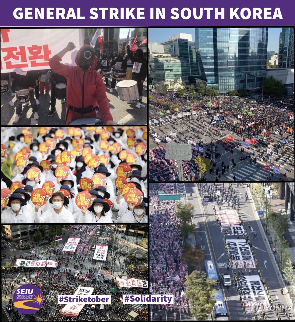 SEIUHCMNIA's tweet photo. GENERAL STRIKE IN SOUTH KOREA, TODAY:
Over half a million union workers in #SouthKorea — from across the construction, transportation, service, and other sectors — walk off their jobs in a one-day general strike.
#Striketober #Solidarity #UnionString #KCTU https://t.co/1HXC4VpUaH