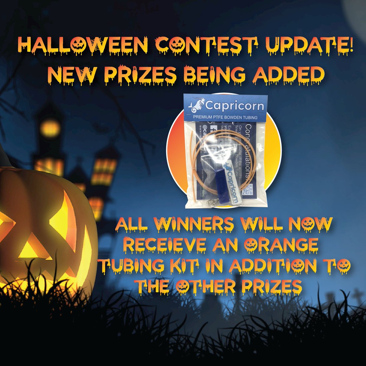 captubes's tweet photo. "Capricorn is happy to announce we will now be offering orange tube kits to go along with every prize in celebration of spooky season!"🥳🎉🥳🎉
#3d #captubeshalloween21 #3dprintworld #3dcontest @3dprinting #3dprinter #3dprinterfilament #contest2021 #Halloween21 #Halloweencontest https://t.co/lATjMZyecb