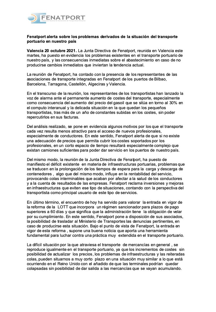.<a href="/fenatport/">Fenatport</a> alerta sobre los graves problemas que se derivan de la situación del #transporte portuario  <a href="/EFE_CValenciana/">EFE C. Valenciana</a> <a href="/EPCValenciana/">Europa Press Comunitat Valenciana</a> <a href="/cadesum/">Cadena de Suministro</a> <a href="/autonomosenruta/">Autónomos En Ruta</a> <a href="/diarioAyE/">Autónomos y Emprendedor.es</a> <a href="/Diariodetransp2/">@Diariodetransporte</a> <a href="/diariodelpuerto/">Diario del Puerto</a> <a href="/EstrechoDigital/">El Estrecho Digital</a> <a href="/diarioelcanal/">El Canal Marítimo y Logístico</a> <a href="/ElMercantilcom/">El Mercantil</a> <a href="/veintepies/">veintepies</a> <a href="/puertos_y/">PUERTOS Y MÁS</a>