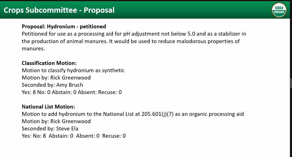OrganicTrade's tweet photo. Unanimous vote to REJECT the petition to allow hydronium as a synthetic processing aid for pH adjustment. It did not pass the smell test. #NotChocolate #NOSB https://t.co/mjmBZlywII