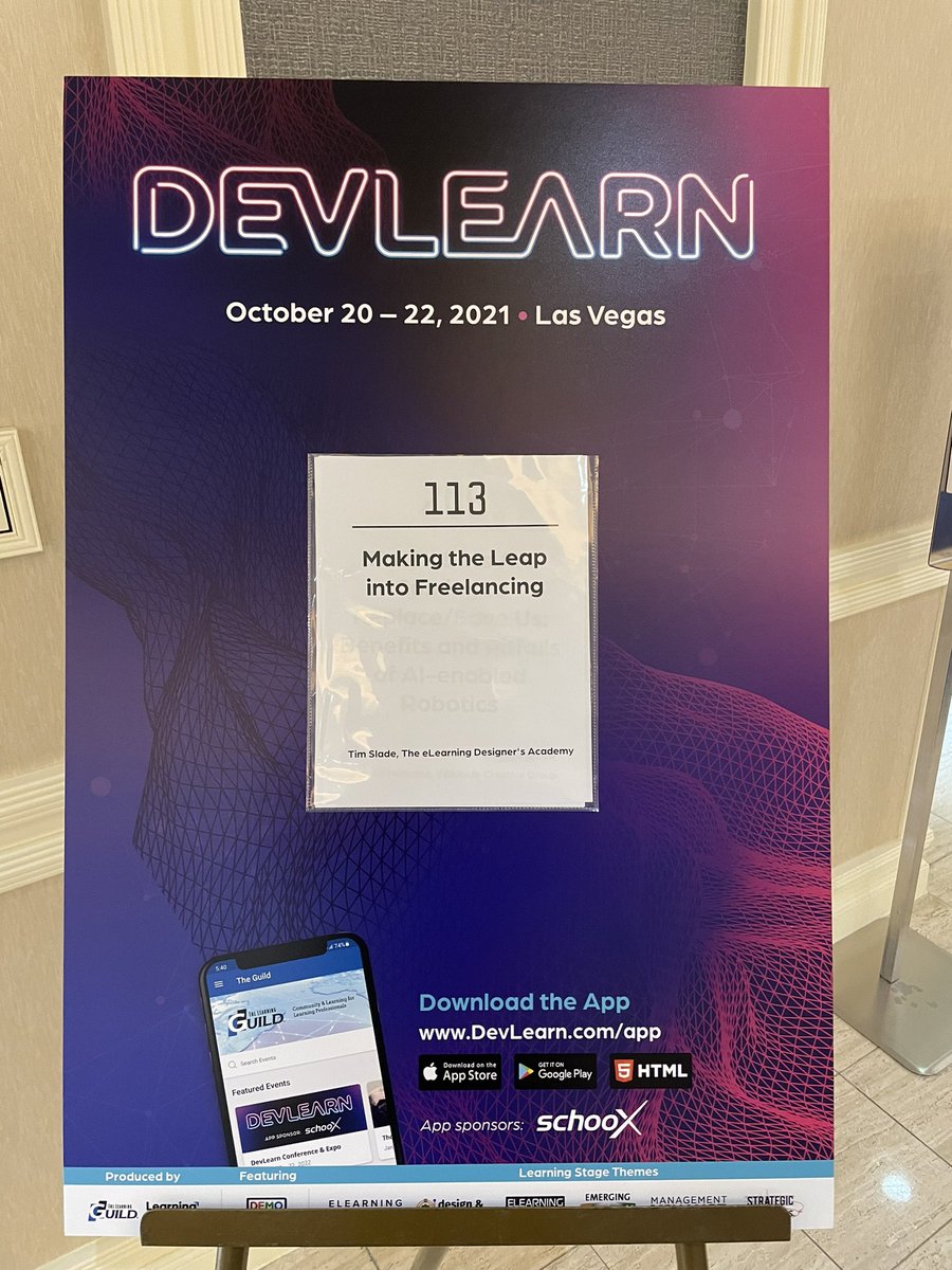 sladetim's tweet photo. If you’re at #DevLearn, join me in Barbados A at 10:45 AM, where we’ll be chatting about making the leap into freelancing! #devlearn2021 #DevLearn21 https://t.co/4VEaKBJXaM