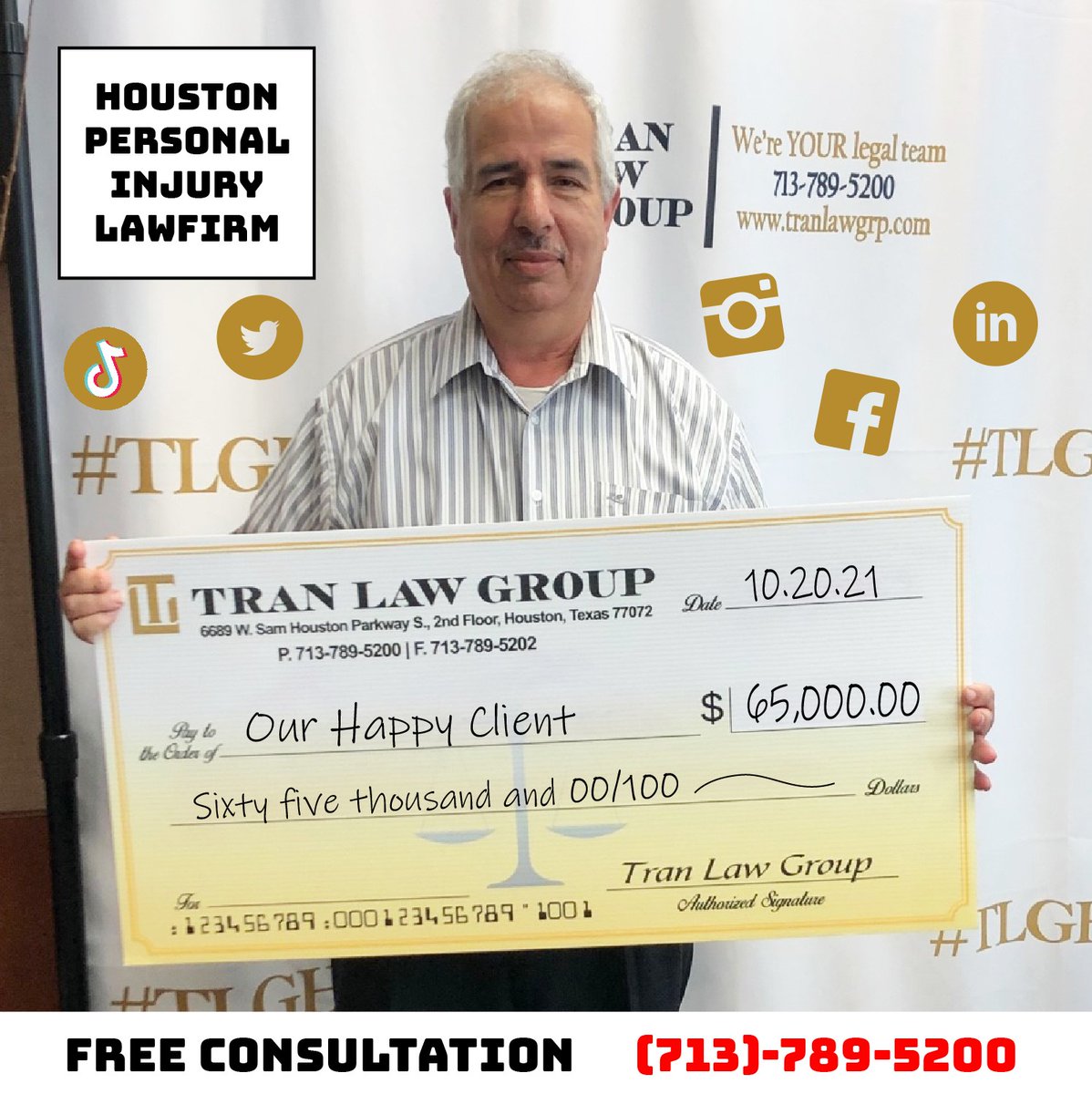 tranlawgrp's tweet image. 📢Congratulations! Our happy client gets a check today!✨🎉 #totalsettlement2021 #clientcheck 
TLG settles a $65,000.00 case for our client involved in an accident.
#weareyourlegalteam #weareheretohelpyou #houstonpersonalinjury #houstonpersonalinjurylawyer