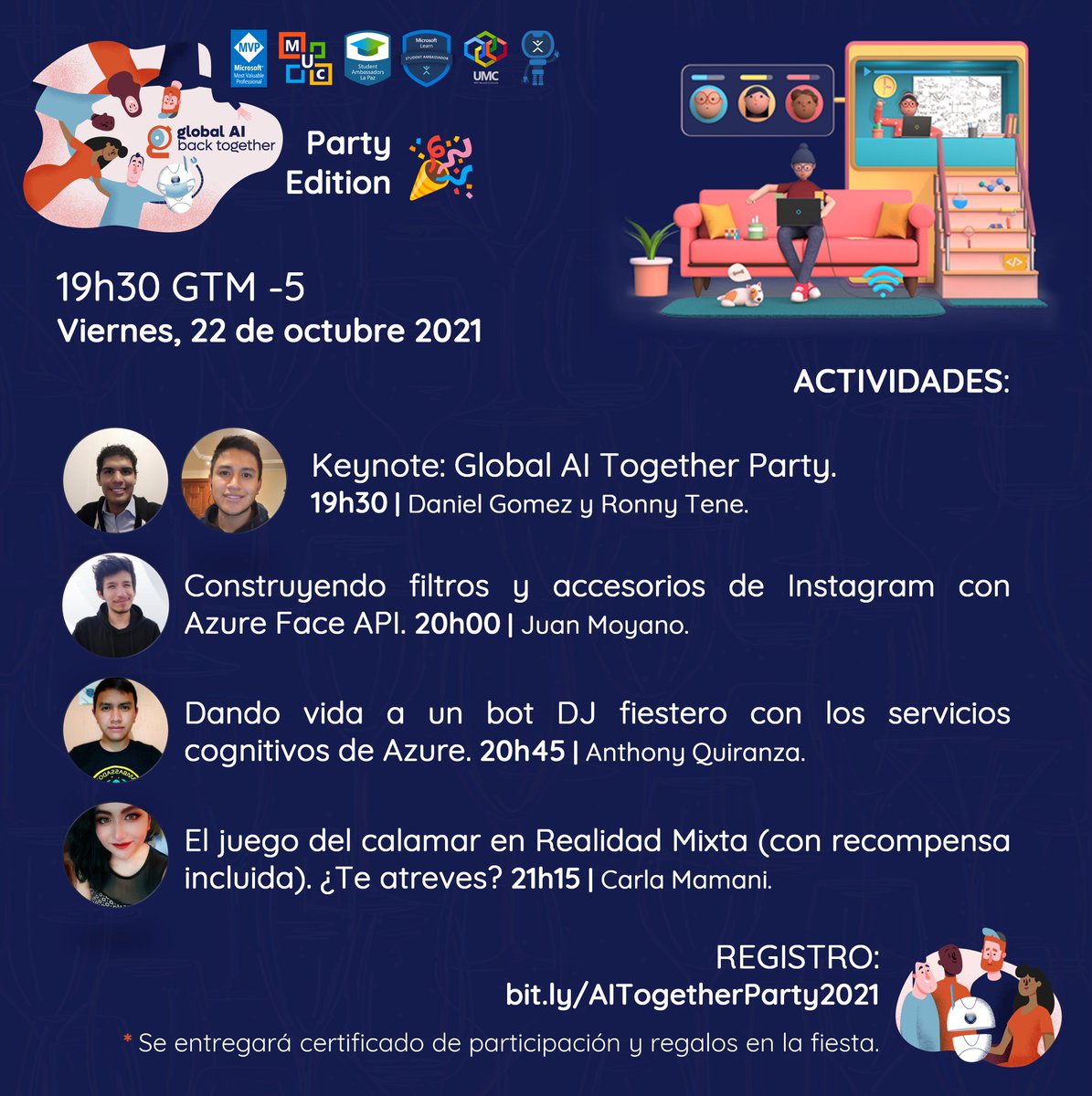 esDanielGomez's tweet photo. 📣 Global AI Back Together | Party Edition 2021 🎉

Hola! 😀 Este viernes 22 desde las 19h30 (GMT-5) aprenderemos sobre AI de una manera diferente, única, y divertida. 🕺

🎟️ https://t.co/NM4wz5BkpS
¡Nos vemos en la fiesta! 🥳

@GlobAICommunity #MVPbuzz #MSFTStudentAmbassadors 🙌 https://t.co/vBDmMKfrjZ