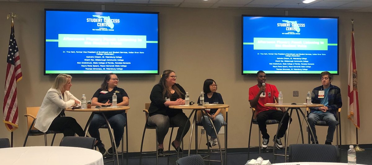 FLCollegeSystem's tweet photo. Former VP Enrollment &amp; Student Services IRSC Tina Hart moderates a panel of FCS students KeAndre Chisom, Khanh Mai, Nick Onishchuk, Mayra Perez Speare, and Therese Simoneau on the student onboarding experience. #FLStudentSuccess #Comm_College #SPCollege #HCCFL #SCFProud #PHSCedu https://t.co/tQ0FrejVw7