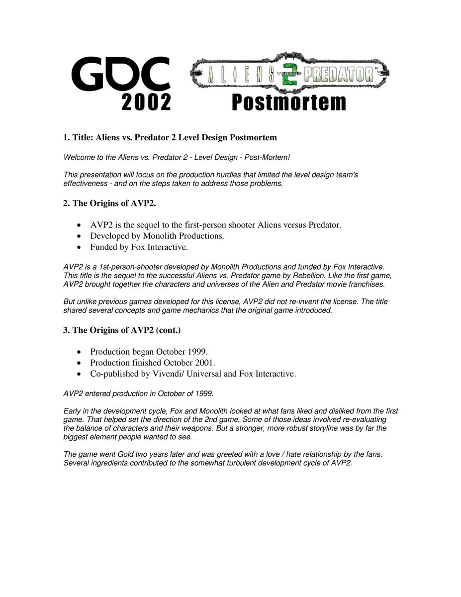 NathanCheever's tweet image. AvP2 was released 20 years ago this month! 

I gave a Postmortem for AvP2 at GDC 2002. Even though it was recorded, they&apos;ve never posted it so here are my speaker notes--

@avpunknown @avpgalaxy #avp2 #avp2game #aliensvspredator2 #avp2discord #avp2community #fps #gaming #GDC