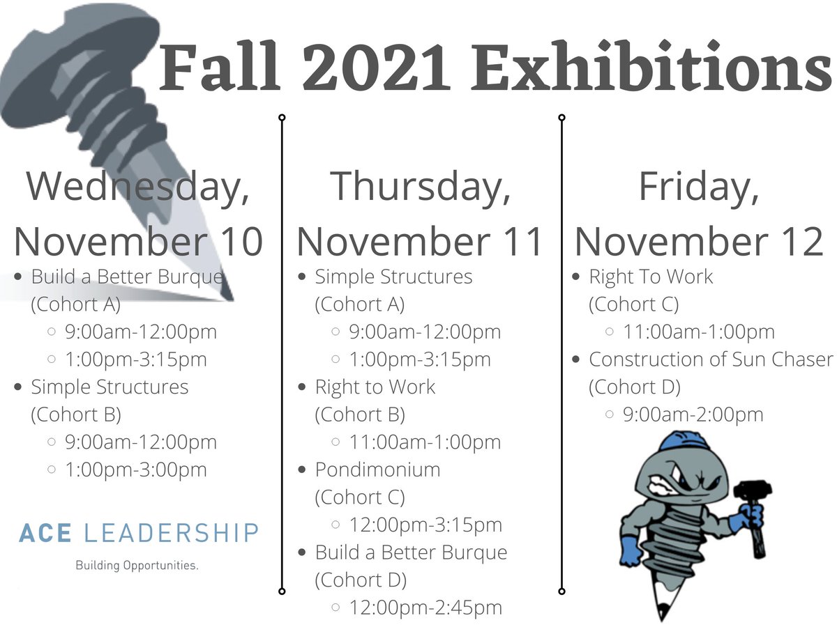 Exhibitions are set and ready! Students are busy preparing for exhibitions and now we need judges! 
Being a judge for exhibitions is rewarding in many ways. 
Interested? 
Visit the link below to learn more and sign up for to be a judge!

aceleadership.org/exhibitions