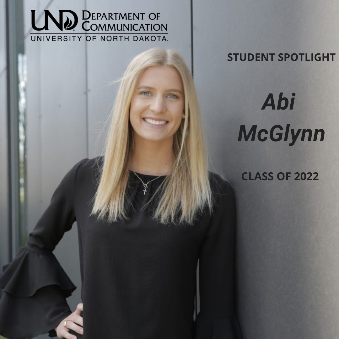 Meet this week’s Student Spotlight, Abi McGlynn from Stephen, MN. Abi is a senior at UND graduating in May of 2022 with a Communication degree and minors in Leadership and Nonprofit Administration. 
#UNDProud #UNDCommunication