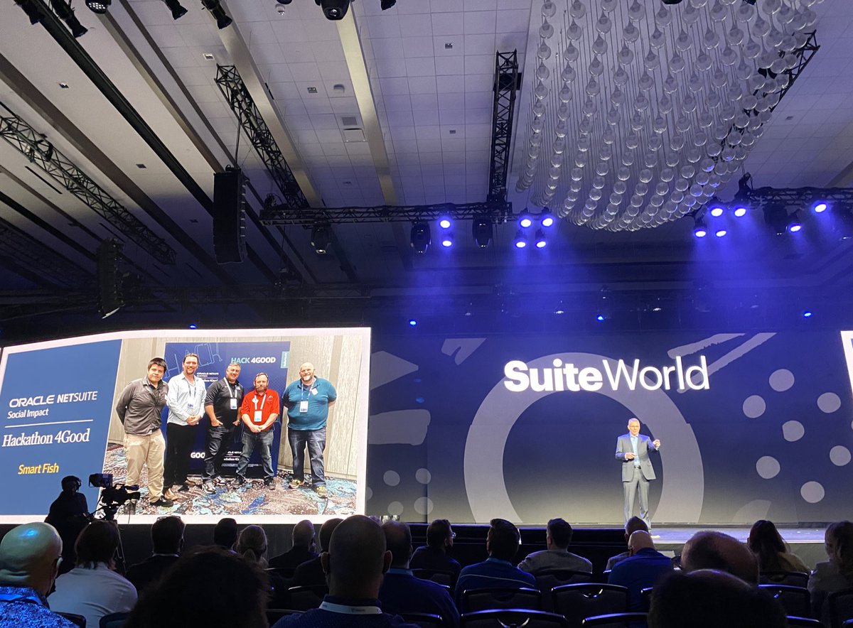 PamelaBJacob's tweet photo. 🥳 SVP of Product, @garywiess gives a shout out to @NetSuite #Hackathon4Good #technology solution #volunteers & 🏆 winners during today’s #SuiteWorld morning keynote! This group made an incredible #probono #socialimpact to help #nyc historic landmark, the @IntrepidMuseum! https://t.co/o5npAdc2bD