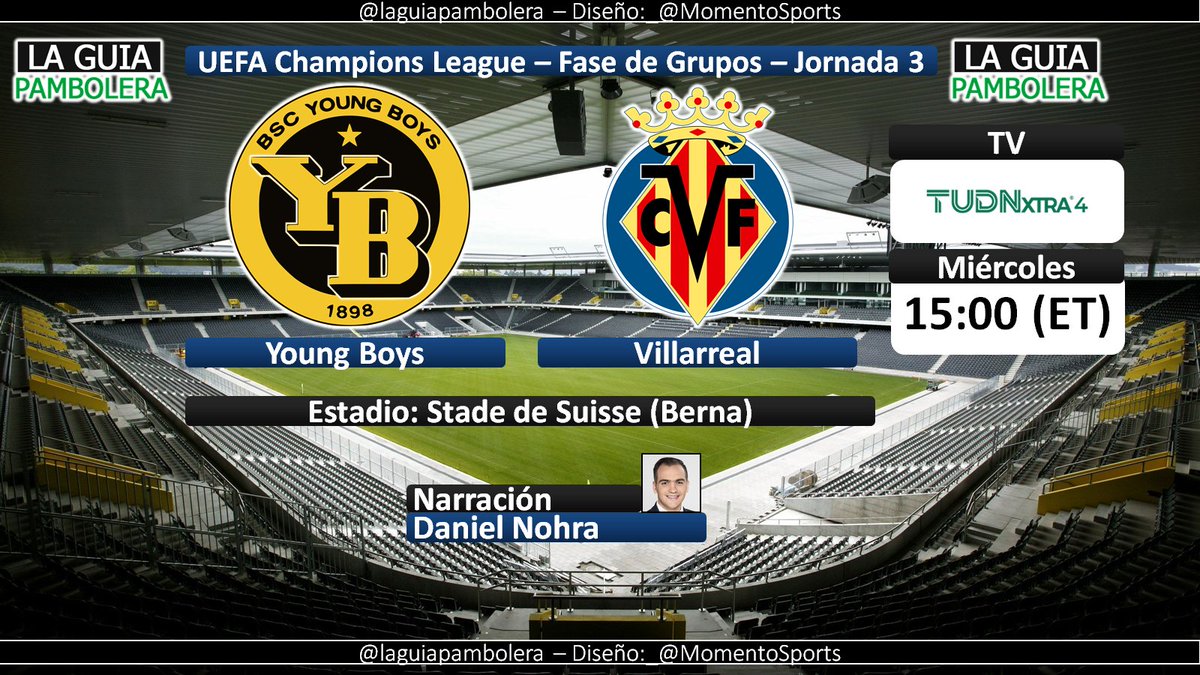 HOY: #ChampionsLeague 🇺🇸 #TuChampions <a href="/BSC_YB/">BSC YOUNG BOYS</a> <a href="/VillarrealCF/">Villarreal CF</a> por <a href="/TudnXtra/">TUDNXtra</a> 4 con <a href="/cantogoles/">Daniel Nohra</a> (14:50hrs ET) #VivimosTuPasión #ClaroQueSí