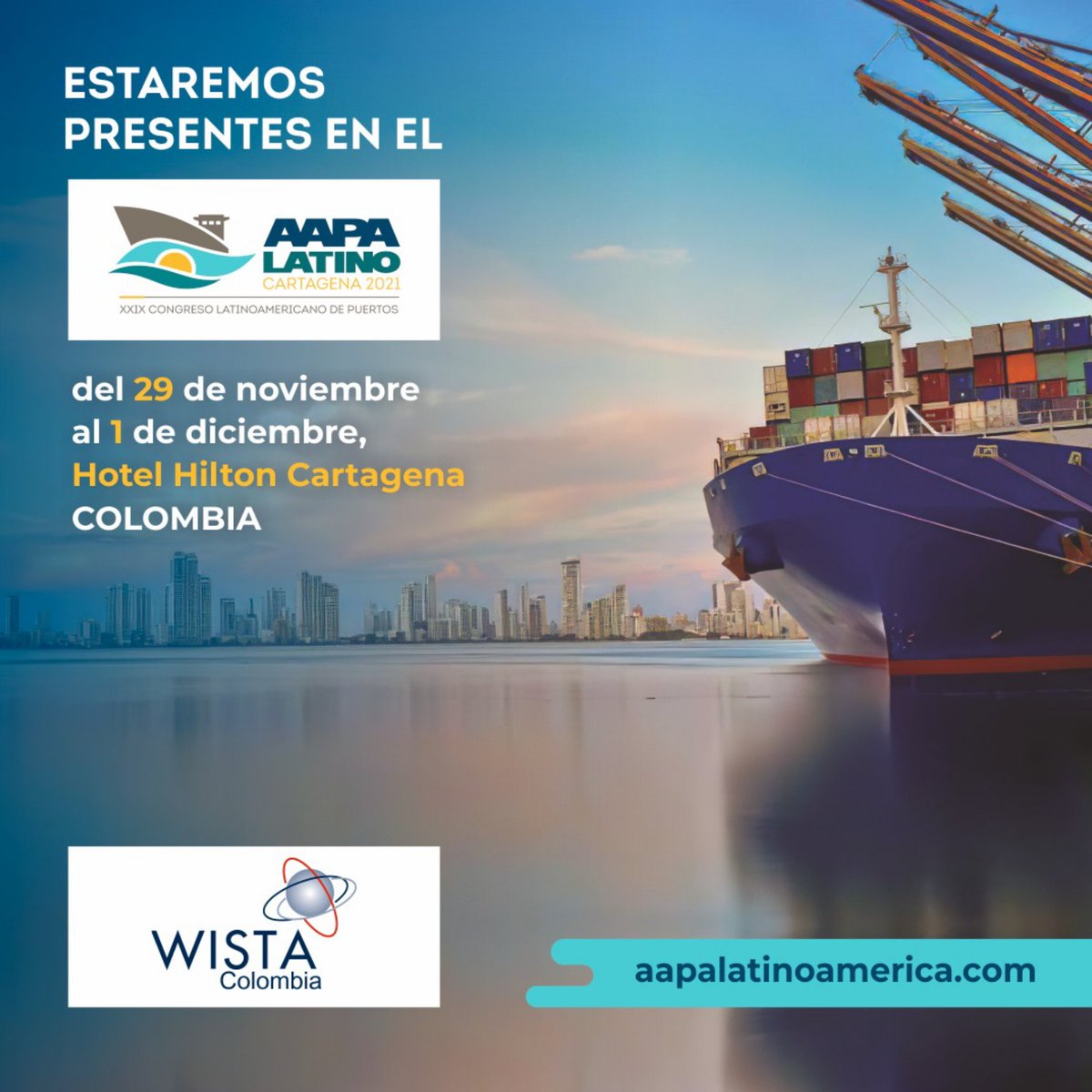 wistacolombia's tweet photo. WISTA Colombia apoya y estará presente en el XXIX Congreso Latinoamericano de Puertos, que tendrá lugar en el Hotel Hilton Cartagena de la ciudad de Cartagena de Indias, del 29 de noviembre al 1 de diciembre. 

Lo invitamos a acompañarnos a ser parte de la #experienciaAAPALATINO. https://t.co/gKXYBaH9r9