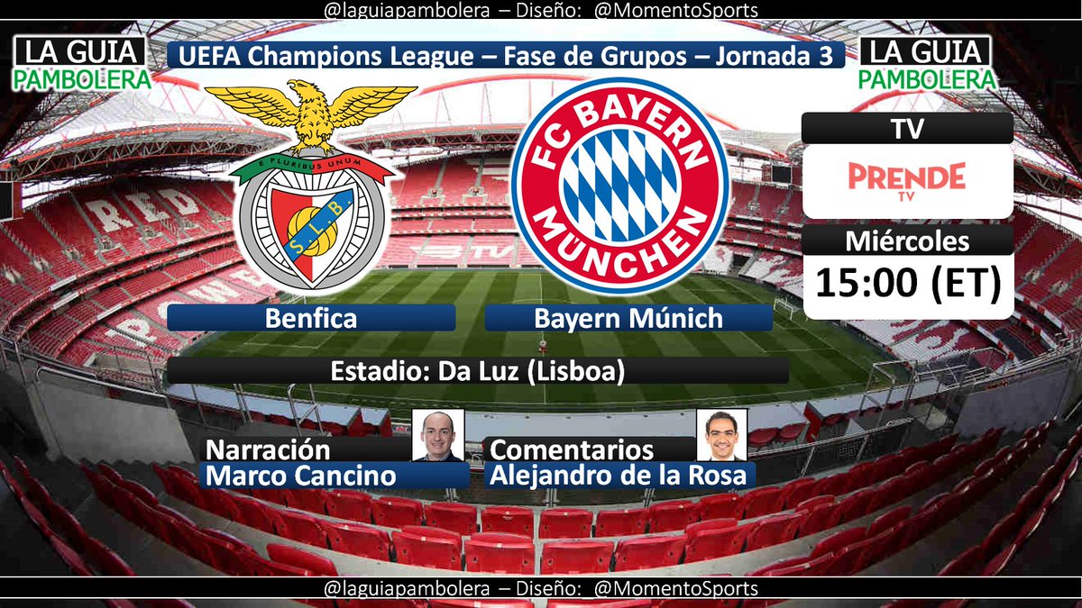 HOY: #ChampionsLeague 🇺🇸 #TuChampions <a href="/SLBenfica/">SL Benfica</a> <a href="/FCBayern/">FC Bayern München</a> por <a href="/PrendeTV/">PrendeTV</a> con <a href="/MarcoCancino/">Marco Cancino</a> y <a href="/adelarosa/">Alex de la Rosa</a> (14:50hrs ET) #VivimosTuPasión