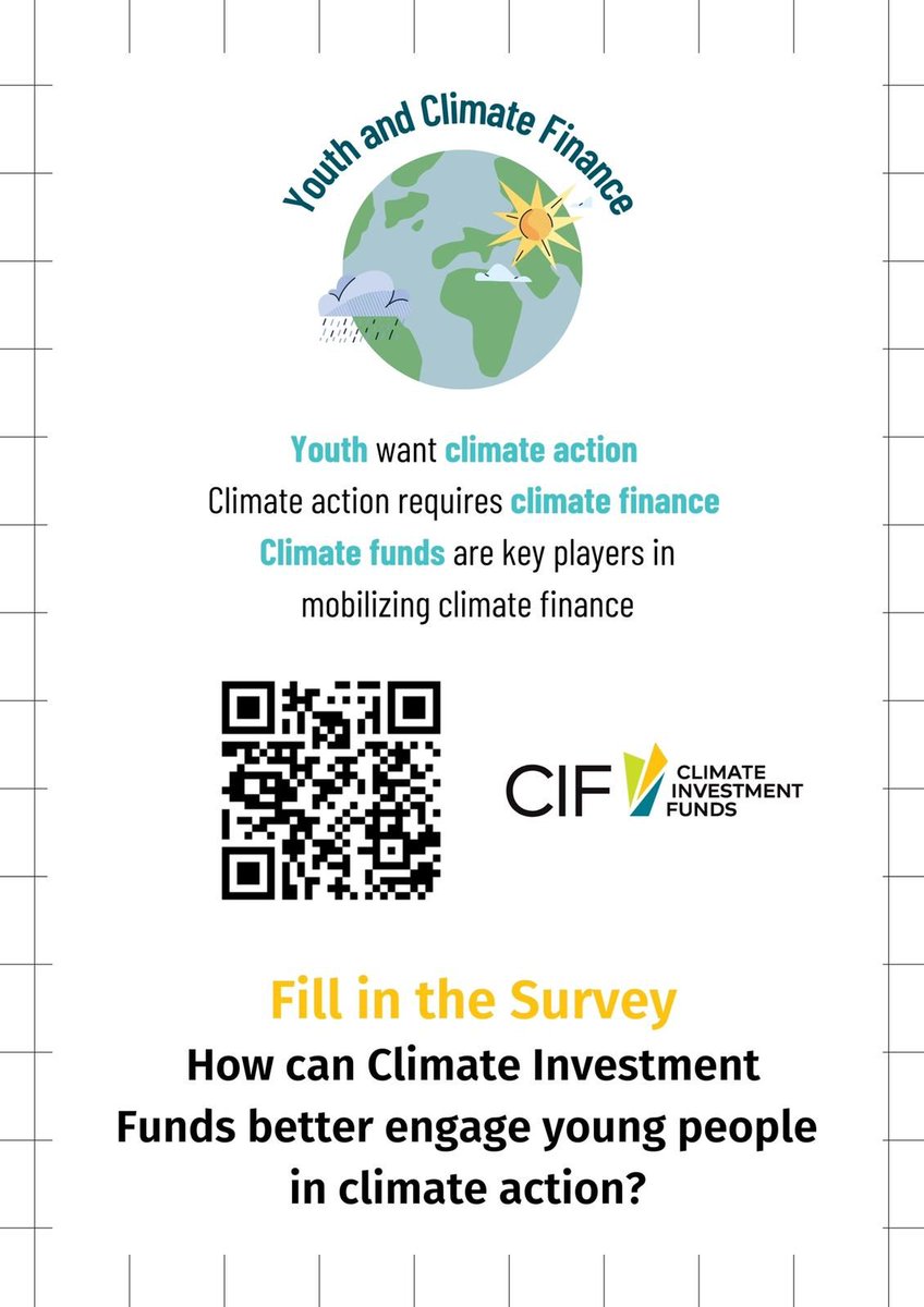 🔺 Are you a youth in climate action, under 35 years of age? Please fill in this quick, 5-minute survey to help <a href="/CIF_Action/">CIF</a> one of the world's LARGEST CLIMATE FUNDS to better engage youth! 

Fill up online survey here: forms.gle/qTYtdQGasQUdvf…

#SDGs #CIF #COP26 #ClimateFinance