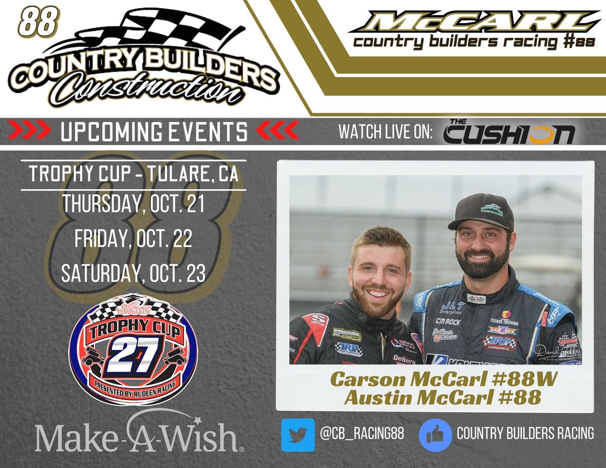 CB_Racing88's tweet photo. TOMORROW kicks off Night 1 (of 3) at @TulareRaceway. 

The @trophy__cup supports @MakeAWish, which our team is always happy to be a part of! 

Can’t be there? visit https://t.co/xaJfN4V7Om for all @MakeAWish donations and tune in live on @WatchTheCushion. https://t.co/tZU39X0mJt
