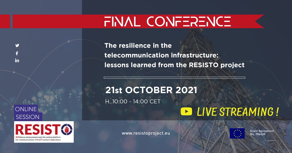 📢 RESISTO Final Conference --> LIVE STREAMING 
 The event will be share in live streaming on RESISTO YouTube channel ▶️ bit.ly/3bRFLRp
📅 21st October 2021 | 10.00-14.00 CET
--
For more information about the event visit the website: bit.ly/3F01eE8