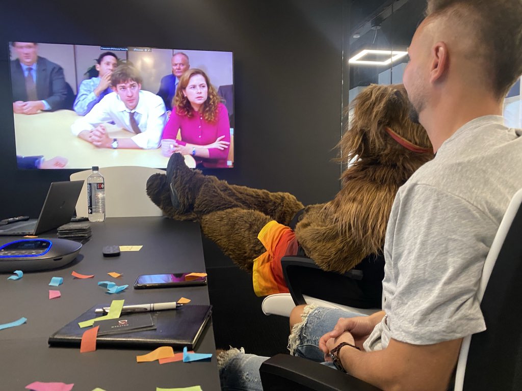 WasatchIT's tweet photo. Why were Spencer and Bahar watching an episode of The Office with the @utahjazzbear? If you’re going to the @utahjazz game tonight, you might just find out! #WasatchIT #HomeOpener #TakeNote https://t.co/CAYvDb99cV
