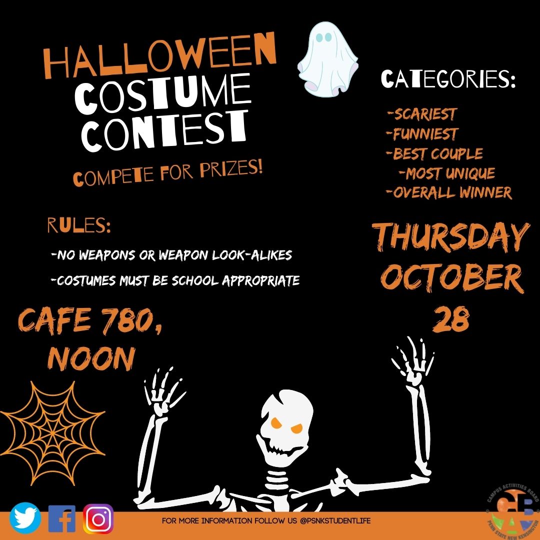 PSNKStudentLife's tweet photo. Come dressed in your best Halloween costume Thursday, October 28th to compete in a costume contest! Prizes will be given out for Scariest, Funniest, Most Unique, Best Couple, and Overall Best! No weapons or weapon replicas will be permitted. https://t.co/Qd4Tn9OI6x