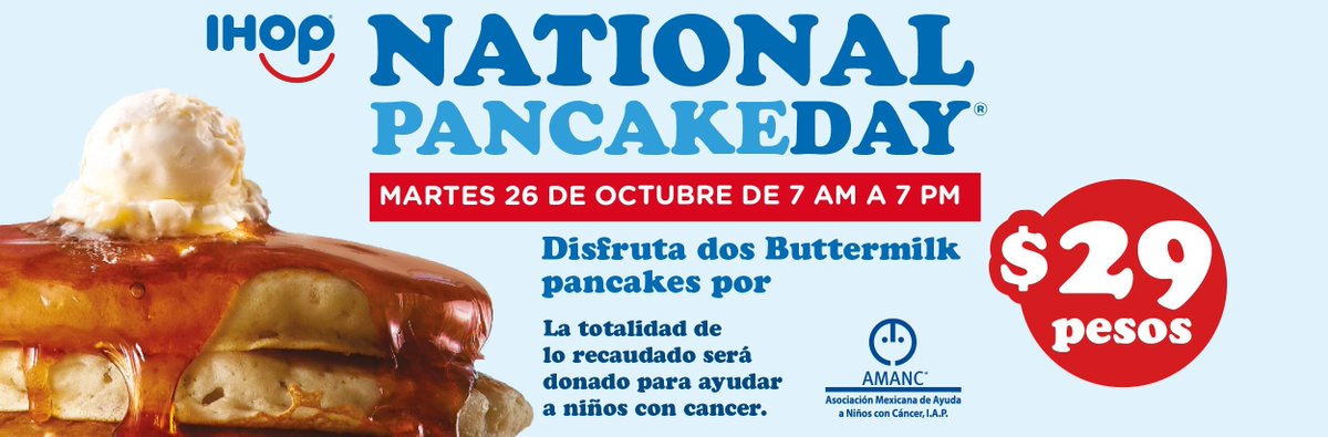 Surviverscancer's tweet photo. Queridos survivors, el próximo martes 26 podrán participar en el National PancakeDay en @IHOPMxOficial
Recuerden que la totalidad de lo recaudado será a beneficio de @amancmexico 
⏰ Válido de 7 de la mañana a las 7 de la noche. 
#TiempoDeAyudar https://t.co/f3jdp6KCKH
