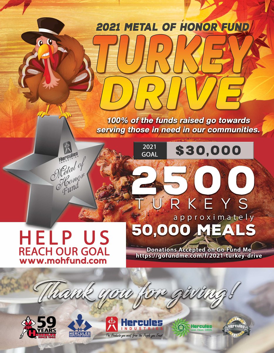 HerculesInd's tweet photo. 2021 Metal of Honor Annual Turkey Drive
https://t.co/O56usqBWGy
In 2021 the need is greater than ever! Our goal is to provide 2500 Turkeys or approximately 50,000 meals in our communities through this fundraising efforts.  Please consider giving to this great cause! https://t.co/zEurLKgD04
