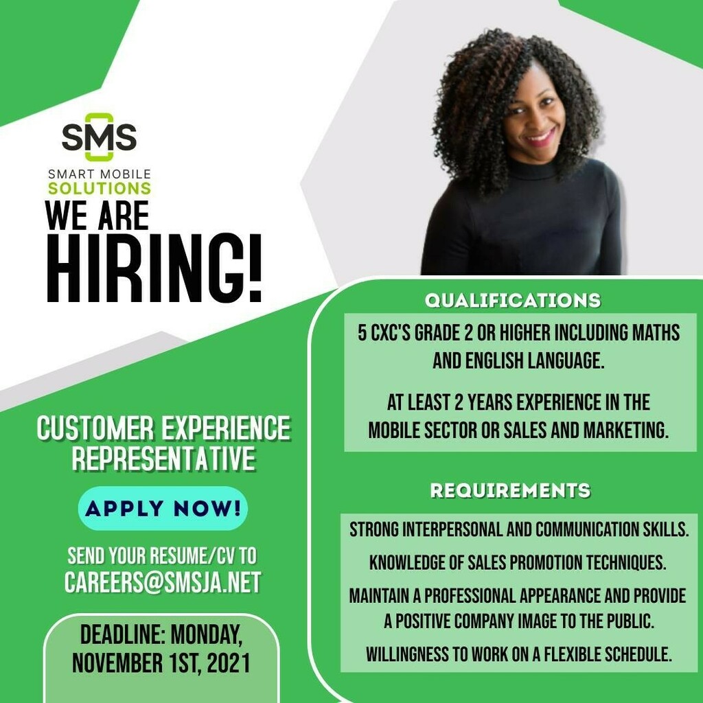 sms_storeja's tweet photo. We are looking for a Customer Experience Representative!
Are you the one? Apply today!
Send us your resume/CV to careers@smsja.net
Deadline: Monday, November 1st, 2021
Only shortlisted applicants will be contacted.
#JoinTeamSMS #SmartMobileSolutions… https://t.co/BjXNqqFVRU https://t.co/k590k119jv