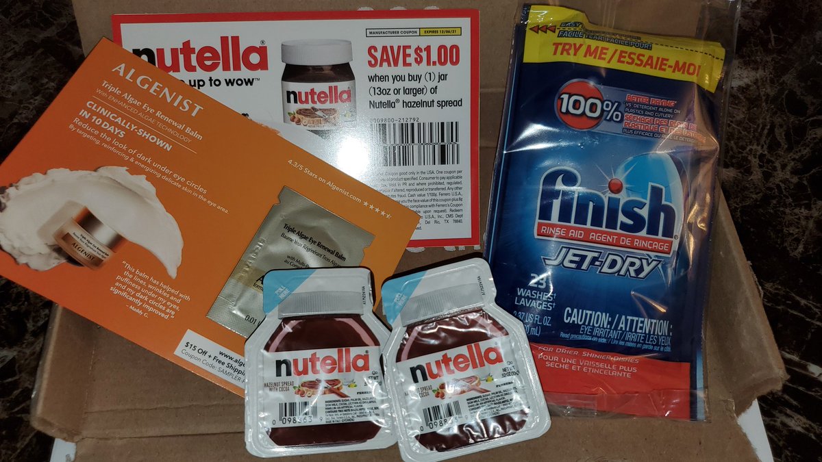 ReviewsDawn's tweet photo. Thank you @TheSamplerApp @NutellaUSA @FinishDetergent @algenist for these wonderful samples! #influencer #jetdry #Nutella #finishjetdry #algenist #thesamplerapp #dailymotivation #trybeforebuy #producttesters https://t.co/qPkpH5Ri0t
