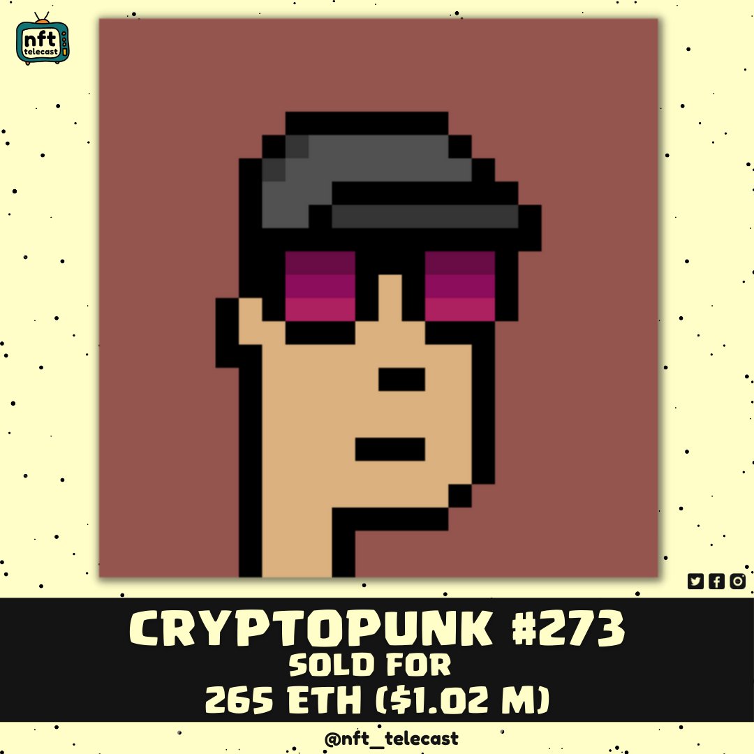 nft telecast (@nft_telecast) on Twitter photo CRYPTOPUNK #273 sold for nearly $1 million.
This is a male punk having big shades and a forward cap. The rarity score of this punk is 76.47
Follow us for more updates and tips <a href="/nft_telecast/">nft telecast</a>
#CRYPTOPUNK #NFT #NFTartist CRYPTOPUNK #273 sold for nearly $1 million.
This is a male punk having big shades and a forward cap. The rarity score of this punk is 76.47
Follow us for more updates and tips <a href="/nft_telecast/">nft telecast</a>
#CRYPTOPUNK #NFT #NFTartist