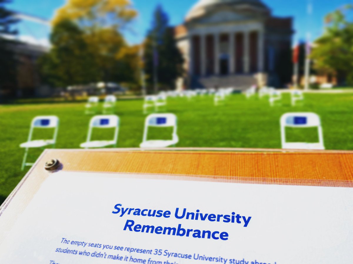 SUAlums's tweet photo. Itβs Remembrance Week at Syracuse University. These empty chairs on the Quad represent the 35 Syracuse University students killed in the bombing of Pan Am Flight 103 on Dec. 21, 1988. #LookBackActForward https://t.co/0amqZFGVK2