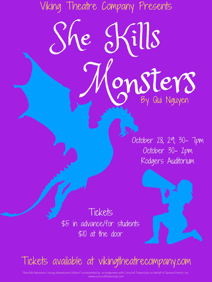 VikingTheatreCo's tweet image. Who’s ready for VTC’s first show of the year? Come check out She Kills Monsters on October 28, 29, 30.
Tickets are available at vikingtheatrecompany.com

#VTCdoesSKM #stabstab #classawesome