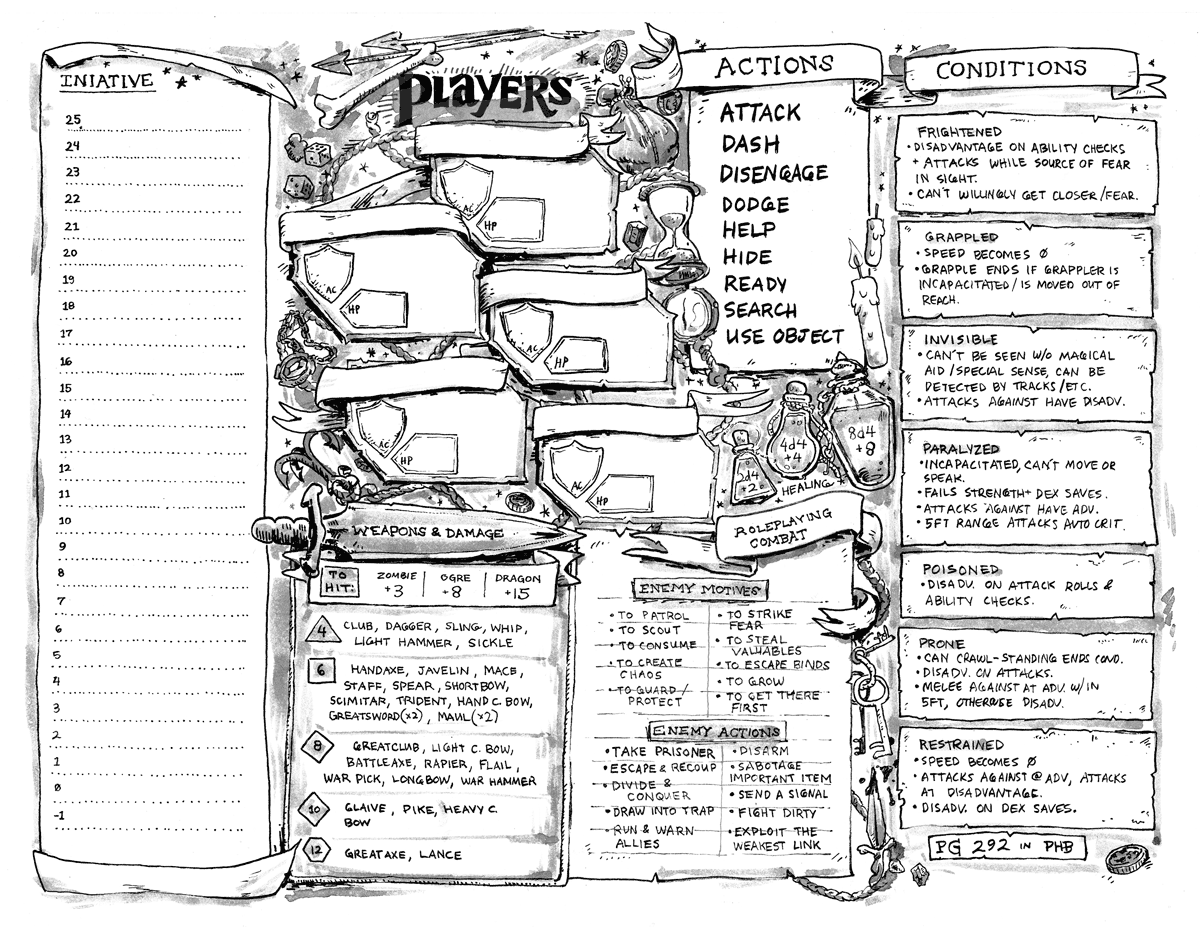 clivehawk's tweet photo. Another free resource for your 5e games! This one's a quick reference page/initiative tracker/etc for DMs who don't like having too much in front of them. Two-sided, one for combat and one with more general info for other types of encounters!
https://t.co/sa3EoIUm0i https://t.co/AcRVUWypGS