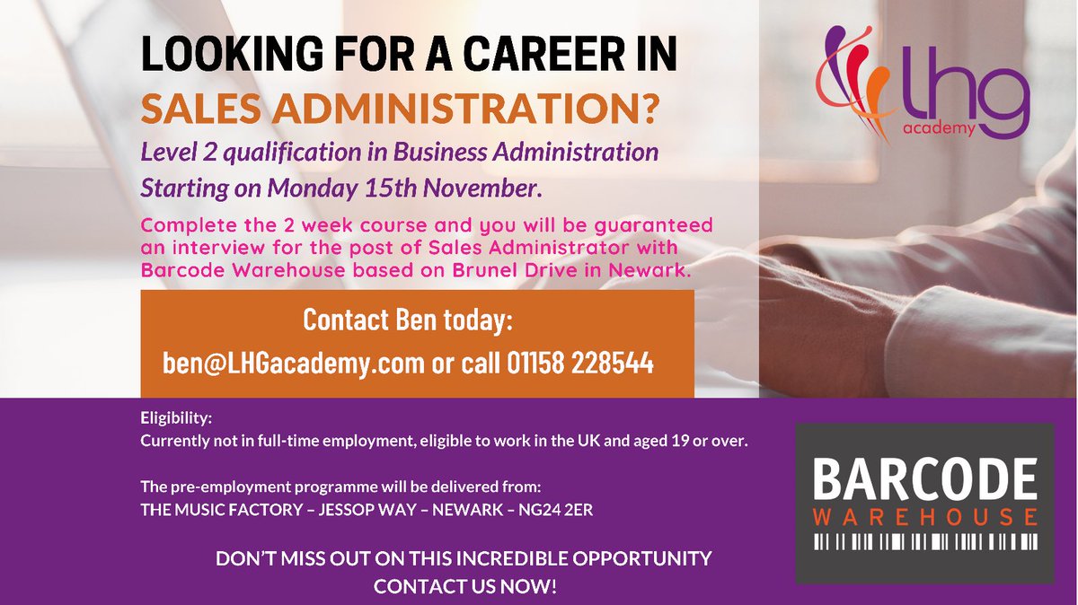 ʟʜɢ ᴀᴄᴀᴅᴇᴍʏ are working on partnership with <a href="/Barcode_UK/">Barcode Warehouse</a> to bring Business Admin Level 2 training to #newark #jobseekers. Complete the 2 week course + Barcode Warehouse will guarantee you an interview. Please RT. #jobs #JobSearch #notts All info below: