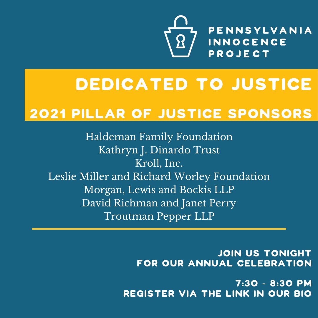 innocencepa's tweet photo. We are so thankful for all of our Pillar of Justice sponsors. Please join us tonight to our annual celebration which will livestream starting at 7:30pm. 

Register here: https://t.co/9B9fWhi2vs

#dedicatedtojustice
#unlockingthetruth
#freeingtheinnocent
#thefightcontinues https://t.co/RrazQb0sdg