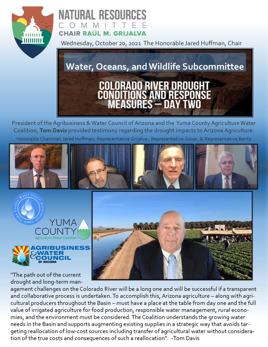 abwcaz's tweet photo. ABWC President, Tom Davis provided testimony today during the Federal Natural Resources Committee's Water, Oceans & Wildlife Subcommittee. To discuss the "Colorado River Drought Conditions and Response Measures".
https://t.co/wY11YVrabu
#buildbackh2o
#abwch2o
#water
#drought https://t.co/jhpShuHsqj