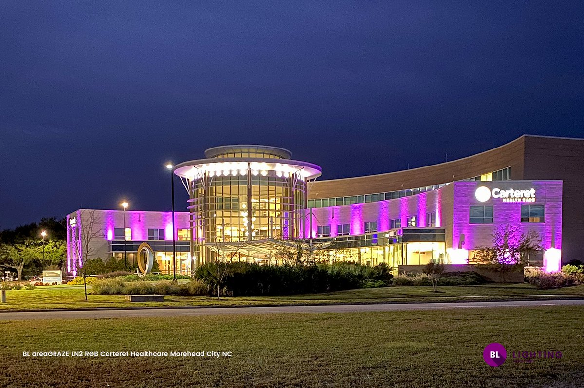 BL_Lighting's tweet photo. Carteret Health Care in North Carolina celebrating Breast Cancer Awareness Month with our BL areaGRAZE LN2 RGB lights. Image courtesy of Kris Coleman.  #PinkOctober #ledlights #bllighting https://t.co/uSAVvFDl5C