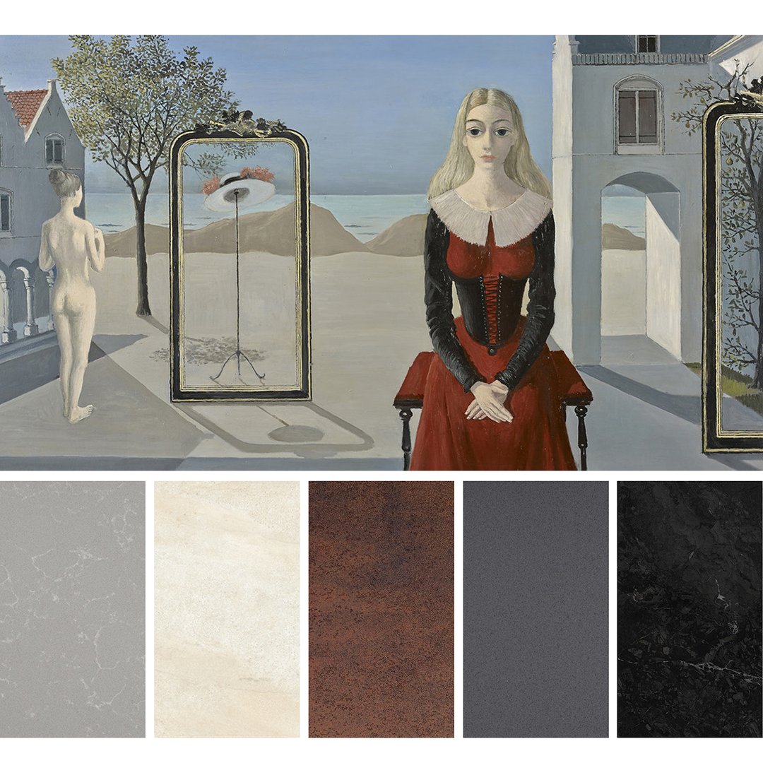 evolvsurfaces's tweet photo. #PaulDelvaux is a surrealist #Belgian artist known for his dream-like scenes of women, classical architecture, trains and train stations, and skeletons. Inspired by The Retreat, we created a palette using #Diresco. #belgium #inspiration #quartz #biouvtechnology #interiordesign https://t.co/d1aKJwyuUU