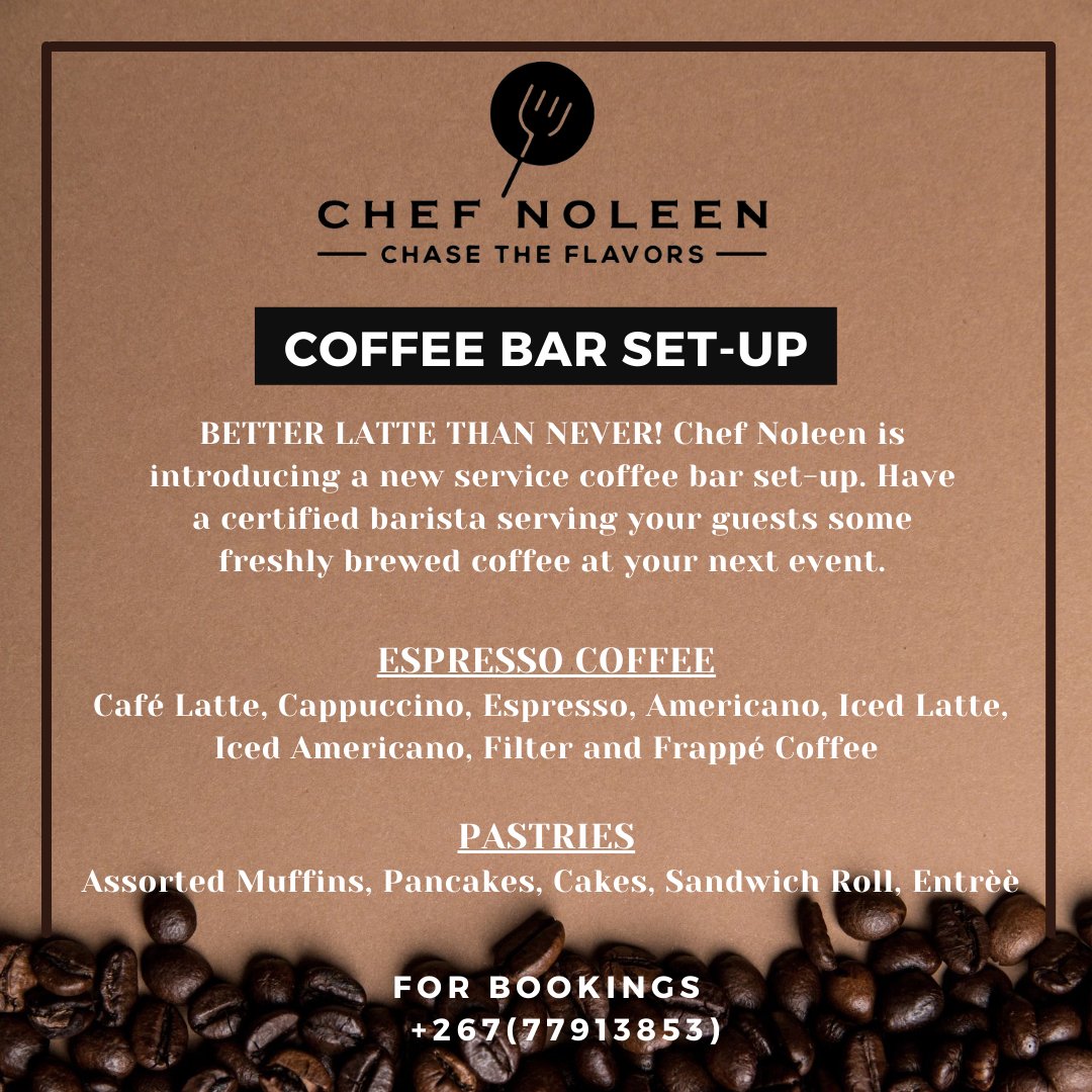 chef_noleen's tweet photo. NEW SERVICE ALERT 📢
Introduce our coffee bar set-up service for all events. Yes we got tea too. Let us take some of that load off you.

For booking please Call or WhatsApp 77913853 

#pushabw #Botswana #coffee https://t.co/VkbHjrxLDz