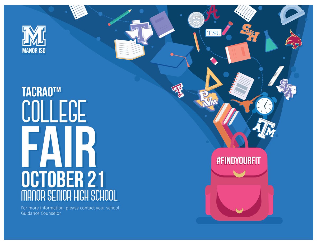 Calling all Manor ISD Senior Class of 2022 Scholars! Don't miss out on the TACRAO College Fair 2021 this Thursday, 10/21/21. District shuttles will be provided by Manor ISD Transportation for all Manor New Tech High, Manor Early College High and Manor Excel Academy scholars.
