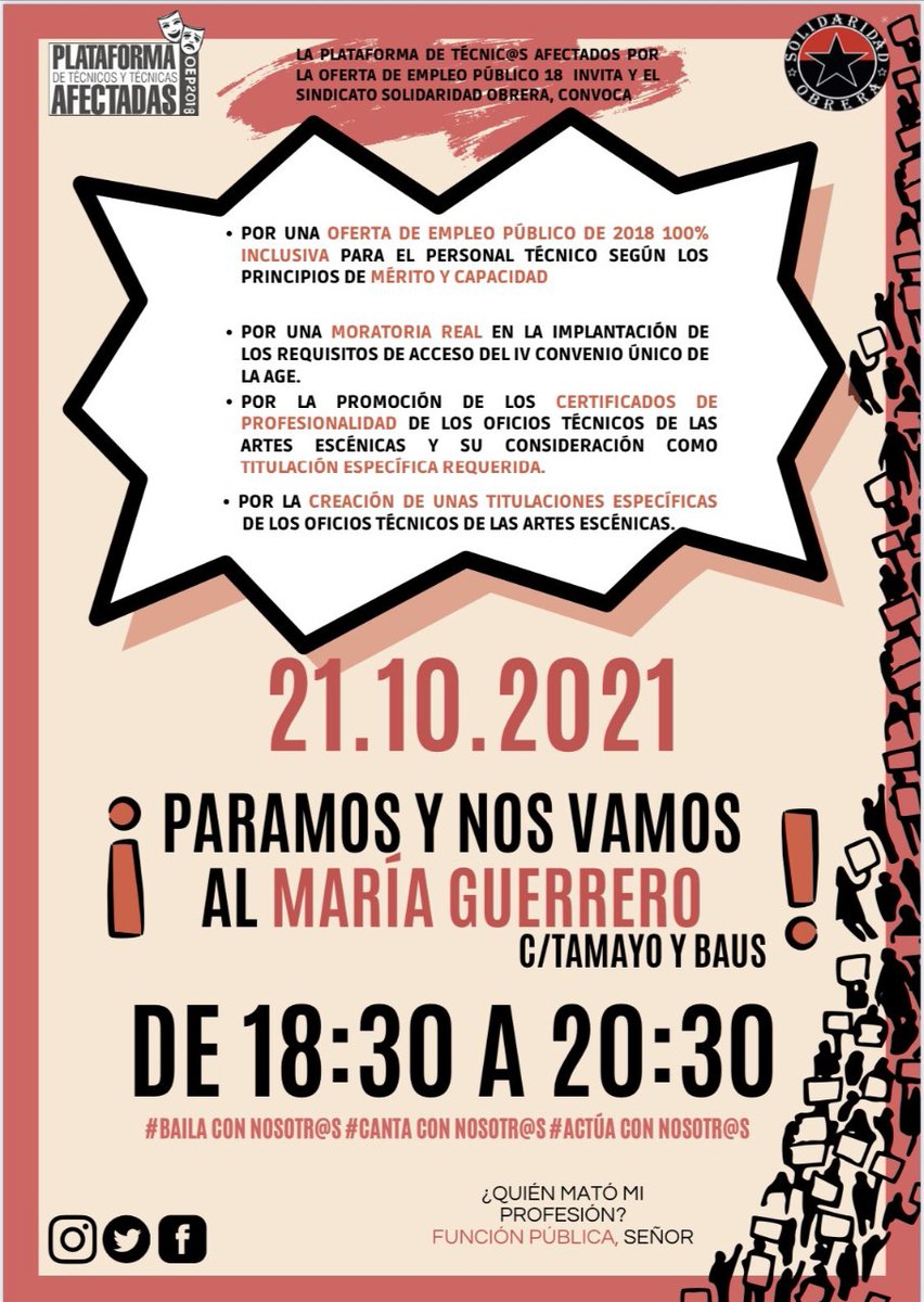 📣 NUEVAS MOVILIZACIONES DE LA PLATAFORMA DE TÉCNICAS Y TÉCNICOS  AFECTADAS por la #OEP2018INAEM  📣
 #NoMePuedoPresentar2018
#UnidosSomosMasFuertes
#todxsauna #SomosPEATE
<a href="/empleogob/">Ministerio Trabajo y Economía Social</a> <a href="/culturagob/">Ministerio de Cultura</a> <a href="/educaciongob/">Ministerio de Educación, FP y Deportes</a> <a href="/SalvemosZ/">PLATAFORMA DE TRABAJADORXS DEL INAEM</a>  <a href="/miqueliceta/">Miquel Iceta Llorens /🌹🇺🇳</a> <a href="/mjmonteroc/">María Jesús Montero</a> <a href="/Yolanda_Diaz_/">Yolanda Díaz</a> <a href="/Pilar_Alegria/">Pilar Alegría</a>