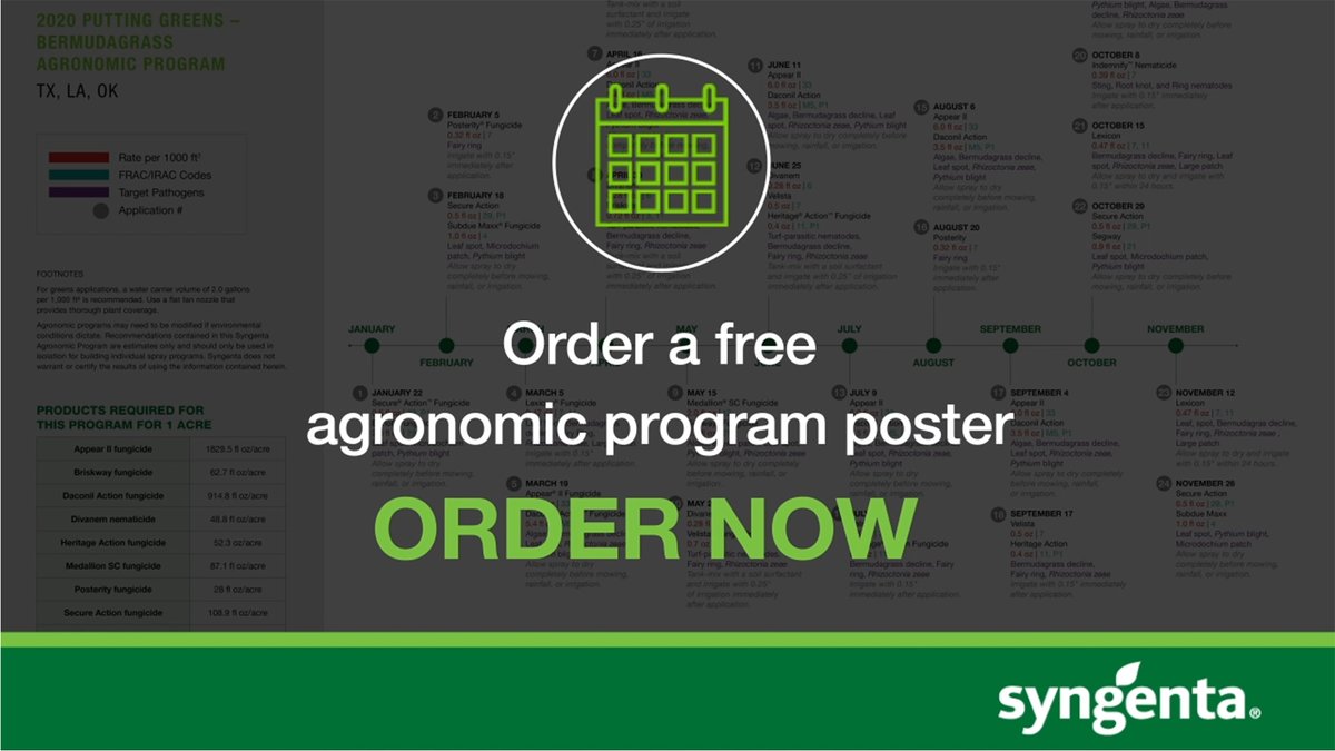 SyngentaTurf's tweet photo. It’s time to order your free #AgronomicPrograms poster! 📅
✔️Programs tailored for your turf type and region
✔️A season-long rotation schedule
✔️Rates, watering-in recommendations and more
Order today and get ahead of seasonal stress: https://t.co/OaDz5gbDS4 https://t.co/XQA3QhjtKd